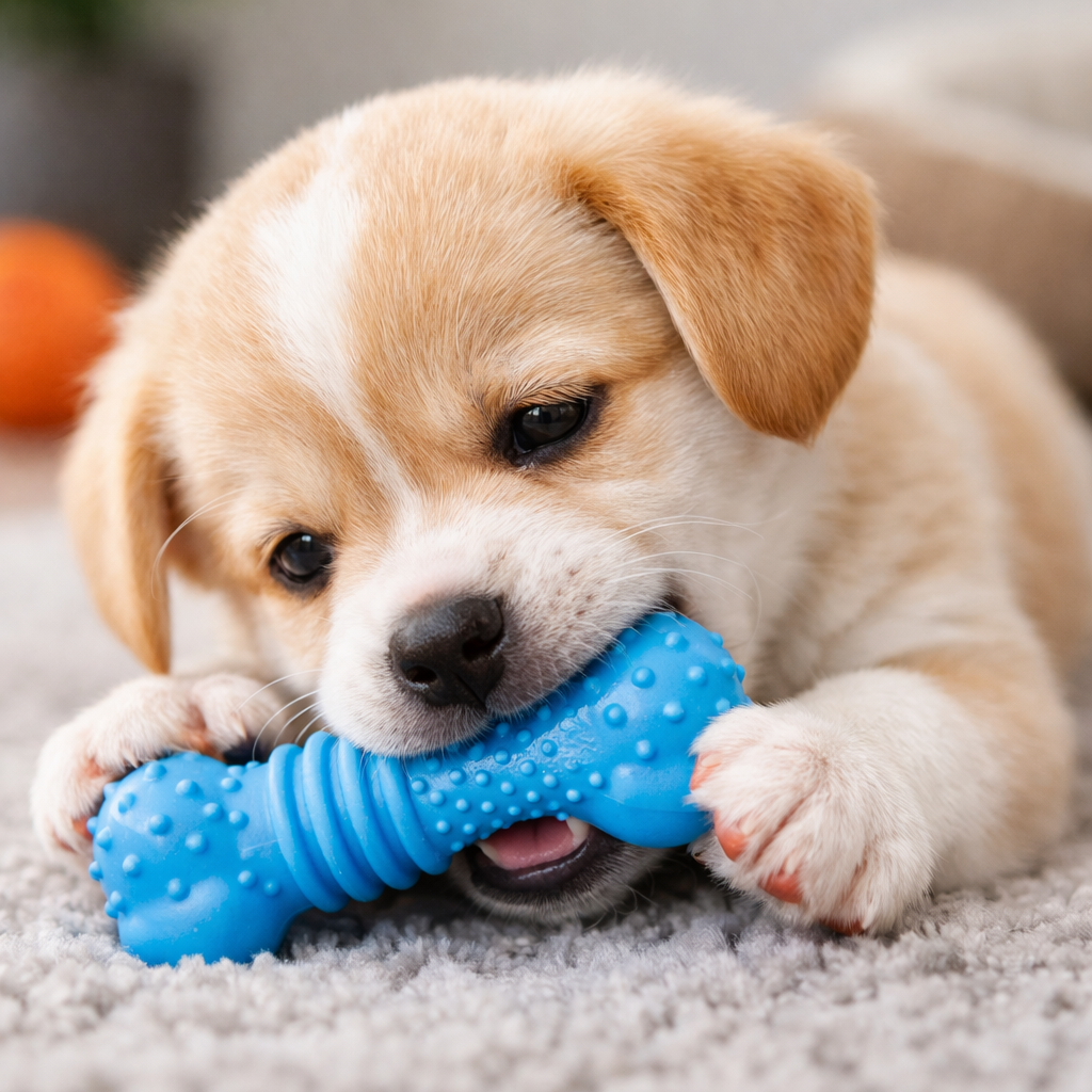 Dog puppy Golden retriever playing with toy
