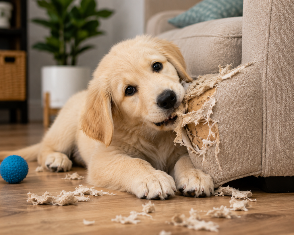 Golden Retriever puppy Chewing  Sofa 
